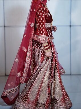 Embroidered Red Bridal Lehenga Dress with Veil